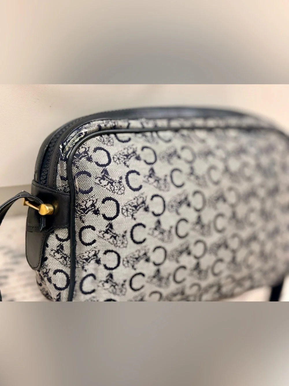 CELINE Vintage 80’s Navy C Sulky Canvas Monogram Carriage Adjust. Crossbody